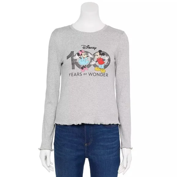Minnie and Mickey Disney 100 Years of Wonder Long Sleeve Heather Gray Tee Jr XL - Picture 2 of 6